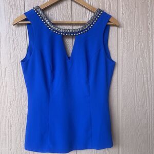 Vintage XOXO Jeans Beaded Bedazzled Top Blue Silver Zip Medium Y2K Cut Out